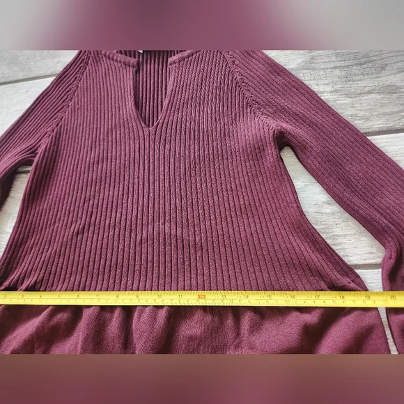 Zara Ribbed Balloon Sleeve Maroon Knit Dress Large Jumper Sweater Maxi Stretch - Picture 10 of 11
